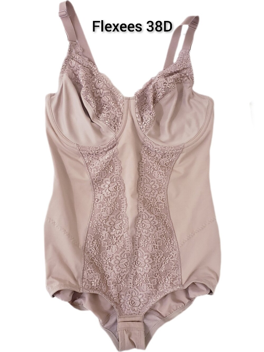 Flexees Bodysuit Firm Control Tan Lace 38D XL Underwire 5356